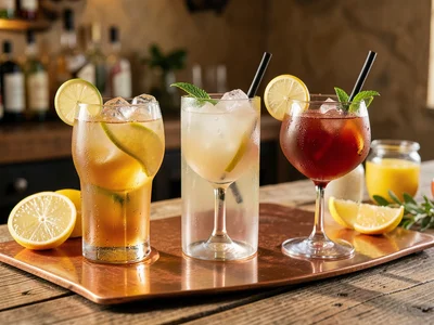 Three craft cocktails on a copper bar top with citrus garnishes and condensation