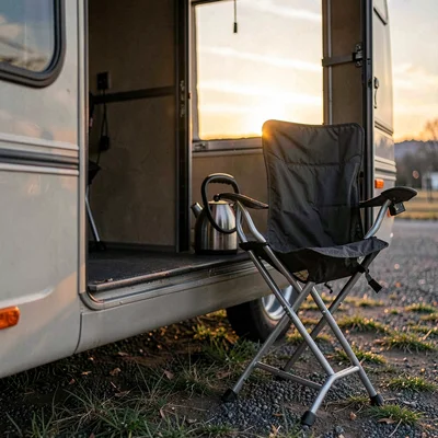 Tight crop of an open camper door with a folding chair and a kettle on the step