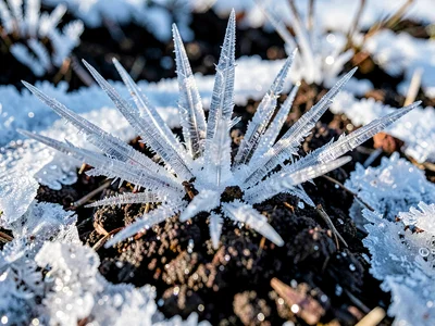 Needle ice crystals emerging from frozen soil surface