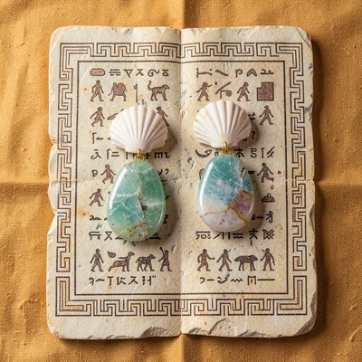 Shell and jade earring pair on stone surface, top-down, ochre cloth background