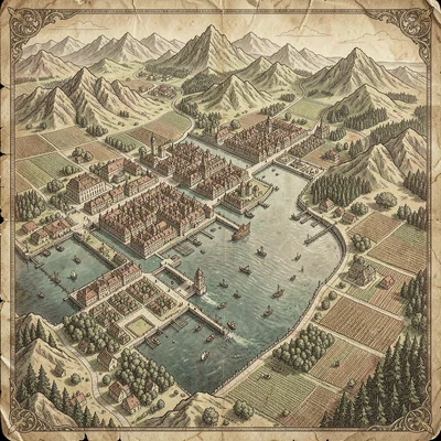 Fantasy map illustration, a port city map with detailed harbor, districts, and s