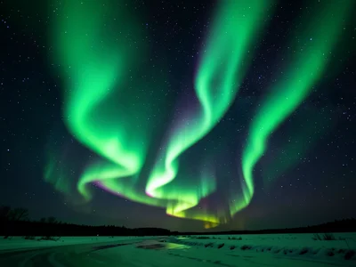 Aurora substorm breakup, stable arc suddenly exploding into dynamic spirals and 