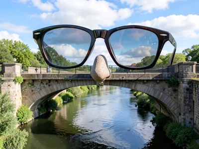 Giant eyeglasses perched on bridge as if bridge is a nose, river below