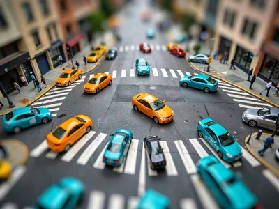 From a parking-garage tilt-shift photograph of a busy urban intersection, satura