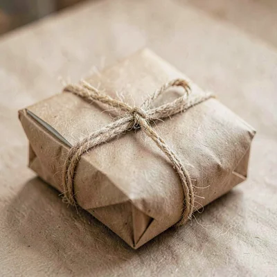 Folded brown craft paper formed into a parcel of cards tied with hemp twine, sof