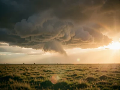 Distant storm front approaching across flat prairie, mammatus clouds hanging ben