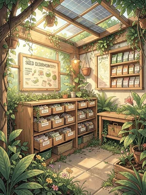 Seed library interior — wooden drawers, labeled packets, a community noticeboard