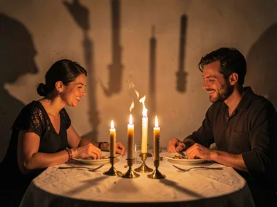 Couple at dinner, table covered in tapers, the romantic cliche made real, shadow