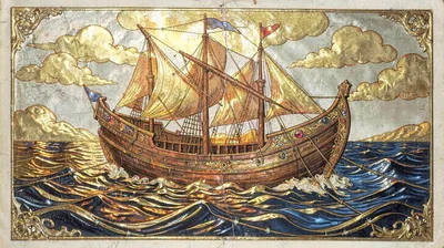 Gold leaf illuminated illustration, ark on floodwaters , burnished gold leaf are