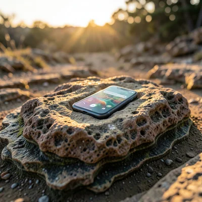 Fossil embedded in rock but fossil is of a smartphone, geological strata visible