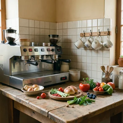 Coffee station corner with espresso machine, grinder, mugs on hooks, small tile 