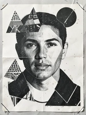 A portrait assembled from geometric paper shapes — triangles, circles, rectangle