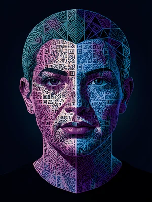 Portrait made of QR codes, each code section forming part of the face