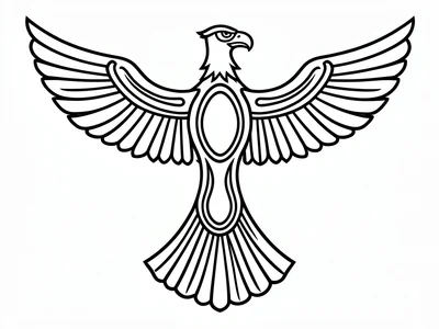 Eagle design — spread wings symmetrical, primary ovoid forms in chest, tail fan 
