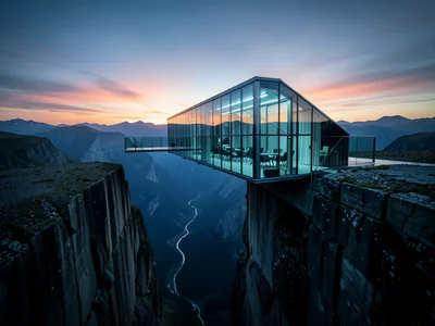 Cantilevered glass building extending over a cliff edge, mountain valley below, 