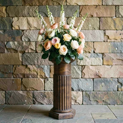 Vertical botanical of a tall pedestal arrangement of garden roses and foxglove a