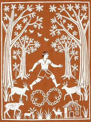 Hunter moving through forest — deer, birds, and trees surrounding central figure