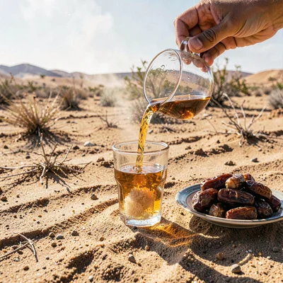 Desert environment photograph, extreme heat conditions, Hands pouring mint tea f