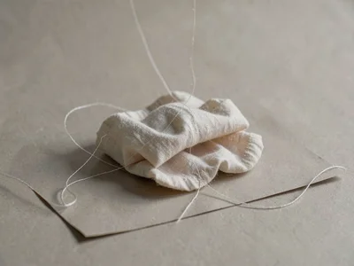 A single linen napkin folded loosely into a soft cloud on warm-grey paper, threa