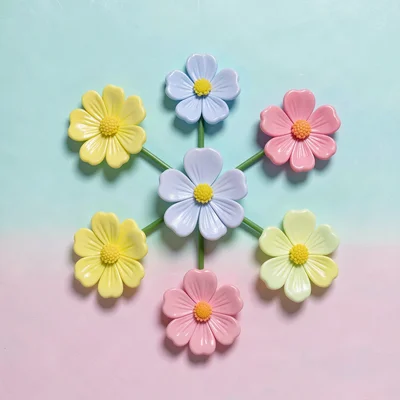 Five plastic flowers arranged in a perfect cross on an aqua-to-mint gradient, to