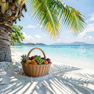 Lagoon turquoise light in Rarotonga, Woven basket of tropical fruit in palm shad