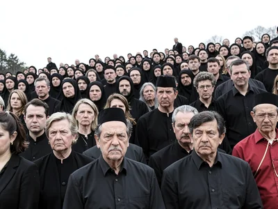 Funeral attendees in black under white sky, grey light making every face visible
