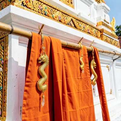 Lanna temple detail, Chiang Mai sacred ornament, orange monk robes drying on bam