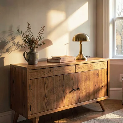 Cozy still life of a teak credenza with a brass tulip lamp, warm afternoon glow 