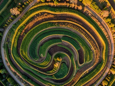 A terraced hillside from above, the curved levels creating contour lines, differ