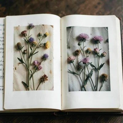 Pressed flowers between book pages photographed as the instant film develops, bo
