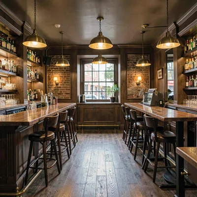 Atmospheric interior of a long cocktail-class bar with three stations and brass