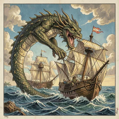 A sea monster threatening a ship