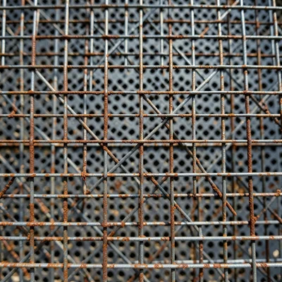 Corroded wire mesh, rust eating through thinnest points where wires cross, weake