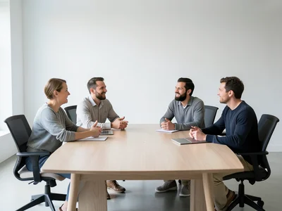 Team of four people having an animated discussion around a conference table