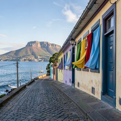 Cape Town southeaster wind shaping the scene, Bo-Kaap cobblestone street with wi
