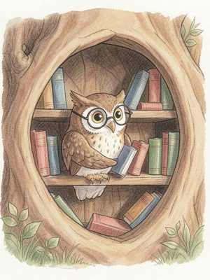 An owl librarian organizing tiny books on a shelf inside a hollow tree, wearing 