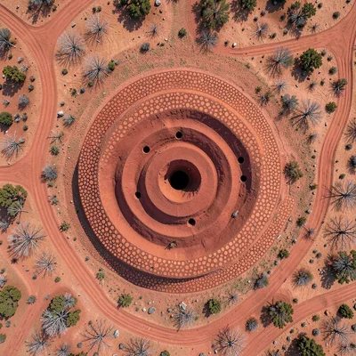 Circular termite mound from above, tunnel openings as concentric rings in red ea