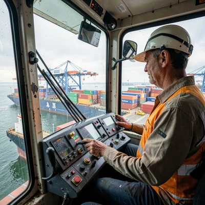 Port city documentary photograph, A crane operator in his cab high above the por