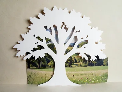 White silhouette of tree cut from paper, actual landscape visible through cutout