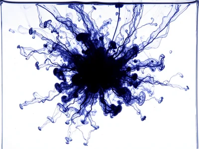 Dense concentrated ink bloom filling most of frame, only thin clear water margin