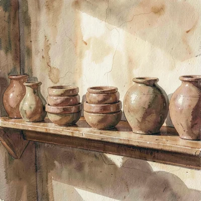 Wide warm-toned scene of a long shelf holding a row of stacked clay vessels in m