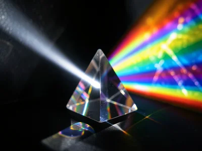 Triangular prism on a matte black surface, single white beam entering one face a