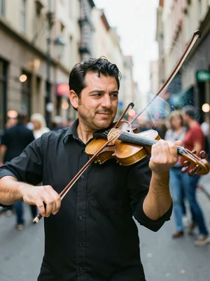 Street musician's violin bow mid-stroke, the sound made visible