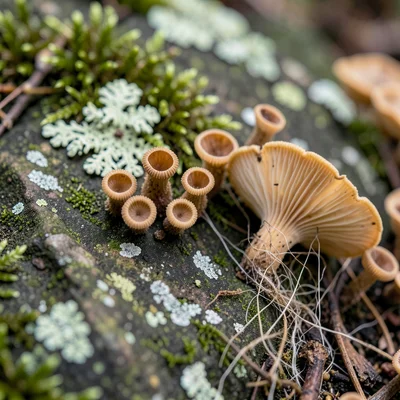 Lichen and moss on stone with tiny cup fungus apothecia — brown discs open to re