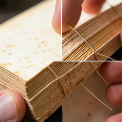 Close-up of fingers sewing a coptic stitch binding, waxed thread linking section