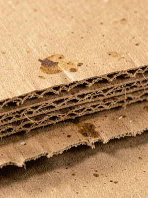 Torn cardboard edge, rough fiber tear revealing the corrugation layer, three dis