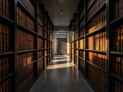 Server room corridor where the racks are replaced by towering bookshelves of anc