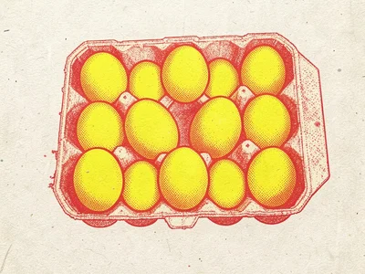 A dozen eggs in a carton printed in two-color risograph — warm red outlines with