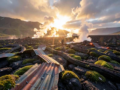 Volcanic otherworldly light in Iceland, a tiny figure walking across a vast lava