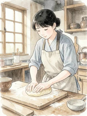 Person learning to bake bread, hands kneading dough, flour-dusted apron, rustic 